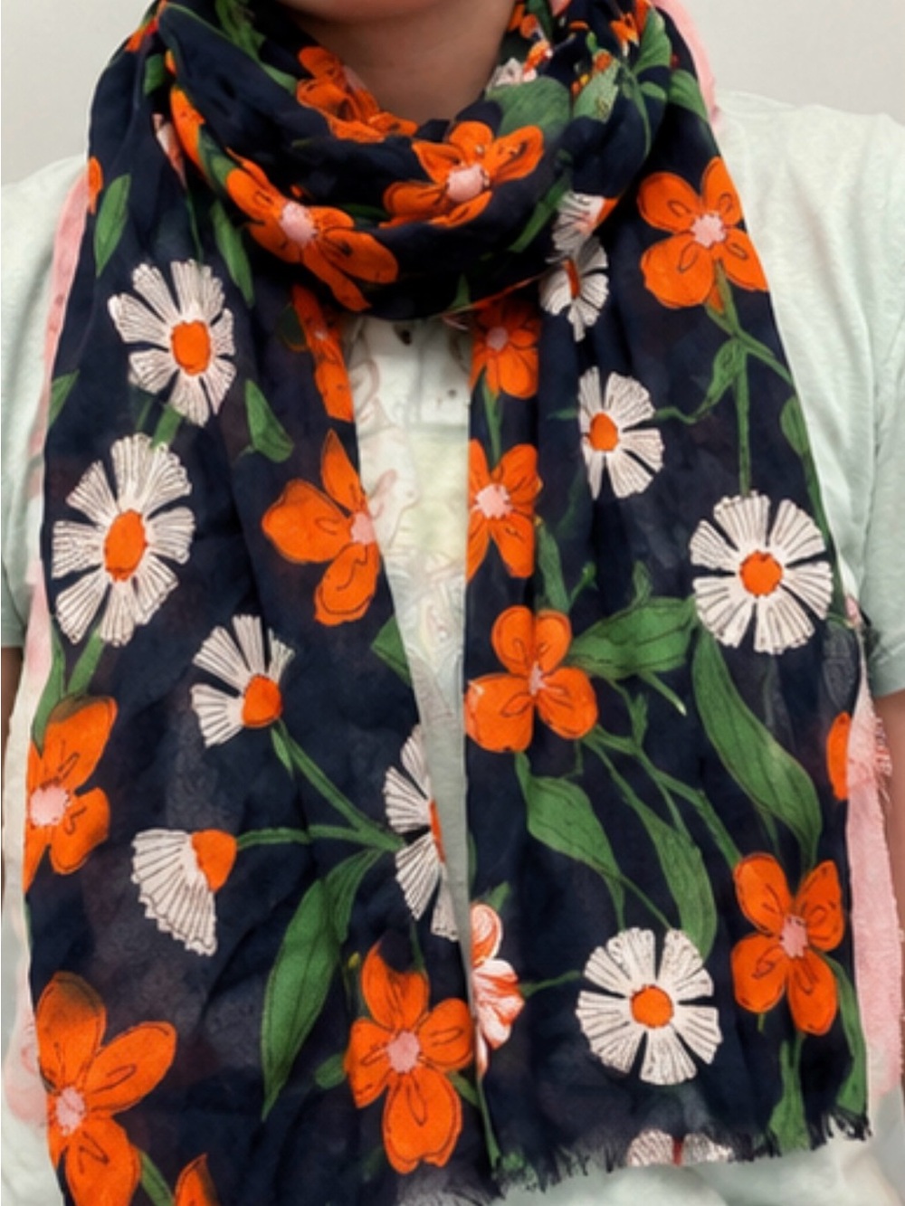 kate spade Navy Scarf with Orange, White & Green Floral Print